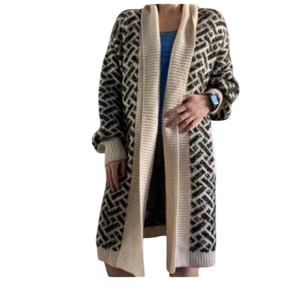 RACHEL ZOE Black White Geo Print Open Front Long Cardigan‎ Sweater Women's M